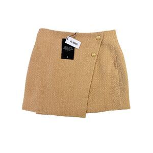 NWT 4th & Reckless Size Medium Tan Gold Button Boucle Wool Blend Mini Wrap Skirt